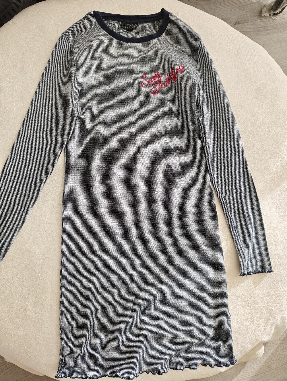 Topshop Petite Grey Striped Knit Sweater Dress "Sweet Nothing" Embroidery | US 8